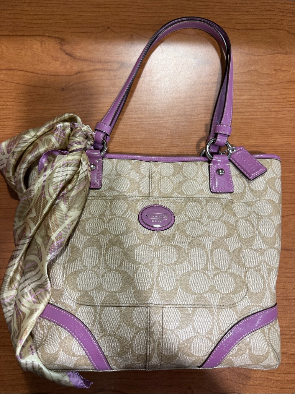 Coach Beige Signature Canvas Tote with Lavender Trim